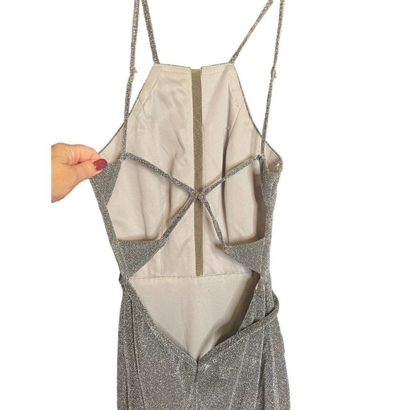 La Femme Metallic Shimmery Formal Gown High Slit Low Back Silver 0 Sexy HoCo - Picture 3 of 7